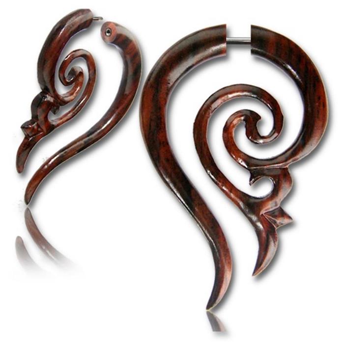 Narra Holz Tribal Fake Piercing French Hook Spirale braun Schnörkel Edelstahl 1 mm Expander