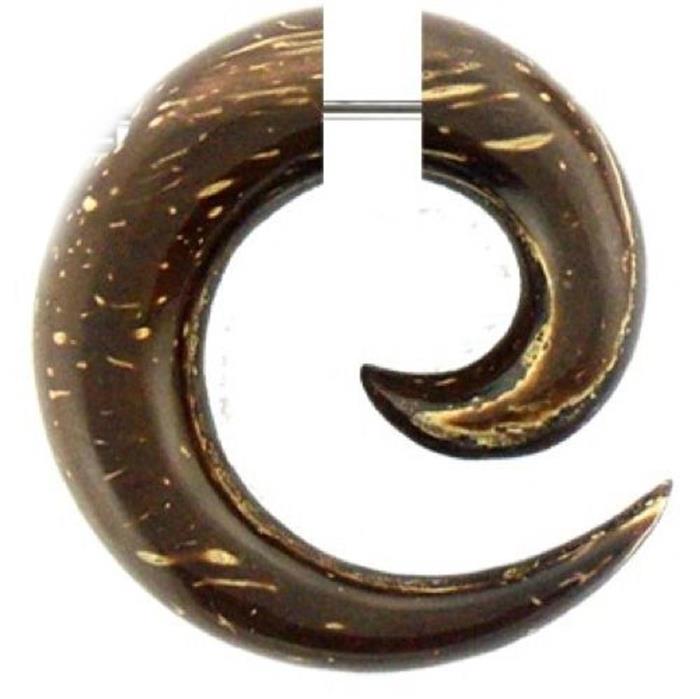 Tribal Fake Spirale Kokosnuss dunkelbraun hell Streifen Holz Piercing Edelstahl 1 mm Ohrring