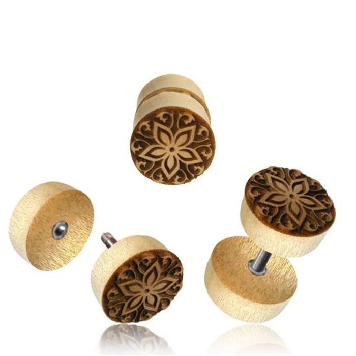 Fake Holz Organic Plug helle Holzfarbe mit eingravierter Blume und Muster,Edelstahl Stift