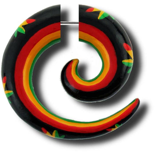 Fake Spirale Rasta Hanf Piercing Holz handbemalt 8 mm Plug Ohrstecker Expander Edelstahl 1 mm