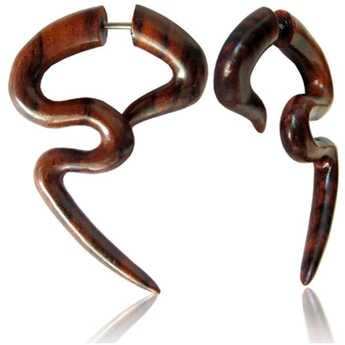 Fake Piercing Sono Holz Bogen stark gewunden 45 mm Plug Ohrstecker braun gemasert