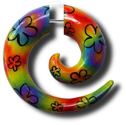 Fake Spirale Blumen bunt schwarz Piercing Holz 8 mm handbemalt Expander Edelstahl Plug Ohrstecker