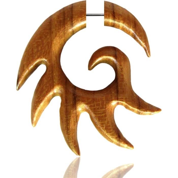 Fake Piercing Teak Holz Zacken Spirale 42 mm Plug Ohrstecker braun gemasert