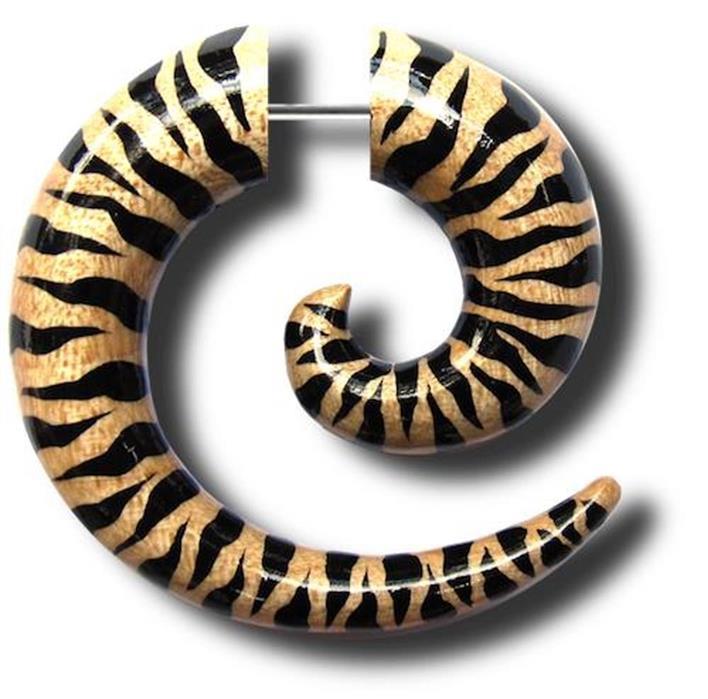Spirale Fake Piercing Holz Tigermuster handbemalt beige schwarz 8 mm Plug Tunnel Expander Edelstahl
