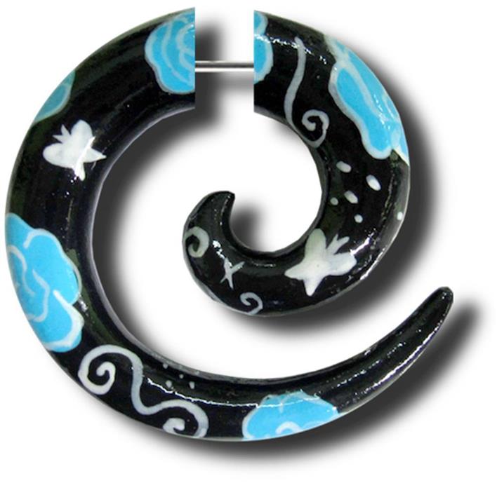 Fake Spirale Rosen Schmetterlinge blau schwarz weiß Piercing Holz handbemalt Expander Edelstahl