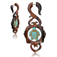 Load image into Gallery viewer, Fake Piercing Narraholz Edelstahl Türkis Inlay Schildkröte Herzen lang Organic Tribal

