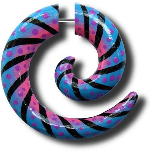 Fake Spirale diagonal Punkte Streifen blau pink lila Piercing Holz handbemalt Expander Edelstahl