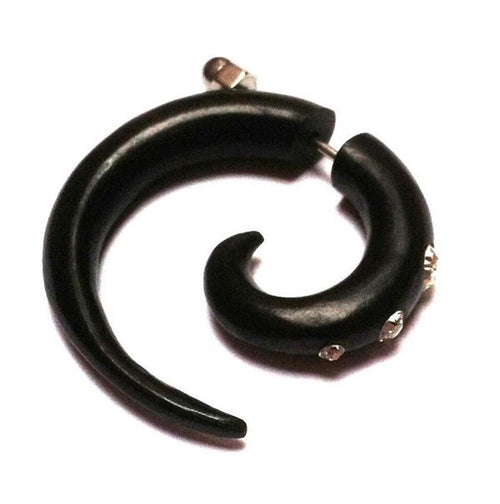 Tribal Fake Piercing schwarz Spirale weiß Kristalle vorn handgeschnitzt Sonoholz Edelstahl 1 mm