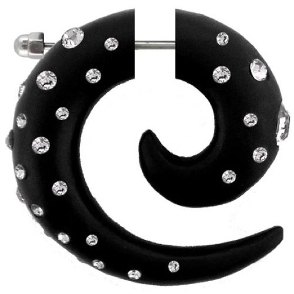 Tribal Fake Piercing schwarz Spirale viele weiße Kristalle handgeschnitzt Eisenholz Edelstahl 1 mm