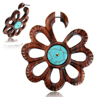 Cargar imagen en el visor de la galería, Fake Holz Piercing braun Blume Türkis gemasert Brass golden Steckverschluss
