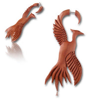 Load image into Gallery viewer, Fake Piercing Phönix Vogel Sawo Holz rotbraun Plug 85 mm Ohrstecker handgeschnitzt
