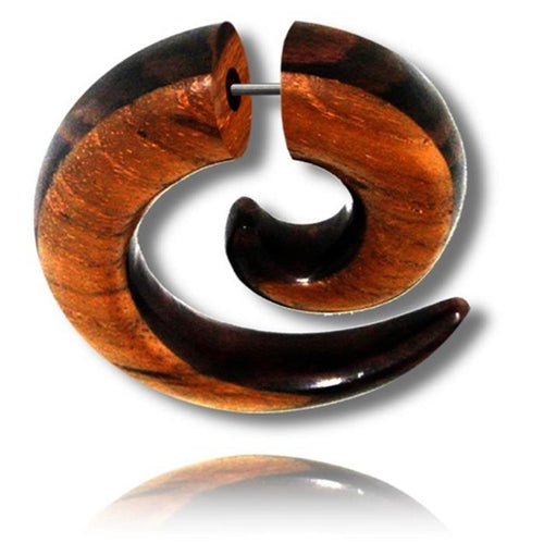 Tribal Piercing Fake Spirale Sonoholz Teakholz hell dunkel braun Ohrring Edelstahl 1 mm Ohrstecker