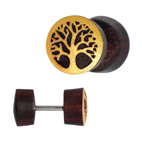 Fake Plug Motif Sonoholz Wood Piercing Stainless Steel Gold