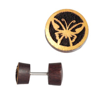 Load image into Gallery viewer, Fake Holzplug dunkel Plug Piercing Edelstahl Holz golden Uhu Om Schmetterling
