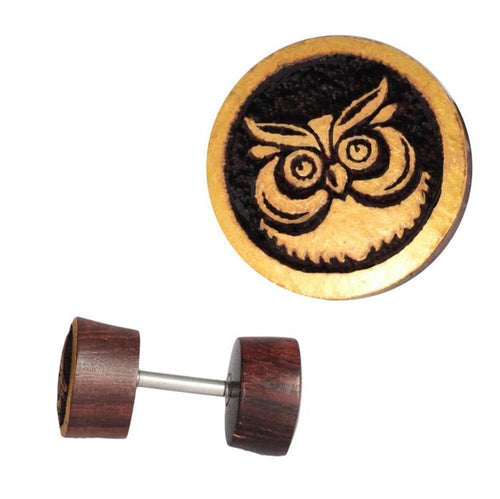 Fake Holzplug dunkel Plug Piercing Edelstahl Holz golden Uhu Om Schmetterling