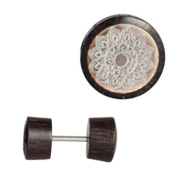 Load image into Gallery viewer, Fake Holzplug dunkel Plug Piercing Edelstahl Holz golden Uhu Om Schmetterling
