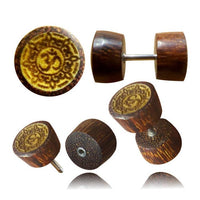 Load image into Gallery viewer, Fake Holz Plug Symbol Piercing Edelstahl Tamarinde Jackfrucht Shou Om Vegvisir

