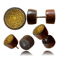 Load image into Gallery viewer, Fake Holz Plug Symbol Piercing Edelstahl Tamarinde Jackfrucht Shou Om Vegvisir

