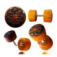 Load image into Gallery viewer, Fake Plug Blutholz Symbol Piercing Edelstahl Holz rot braun Om Blume des Lebens
