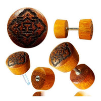 Load image into Gallery viewer, Fake Plug Blutholz Symbol Piercing Edelstahl Holz rot braun Om Blume des Lebens
