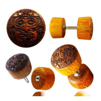 Load image into Gallery viewer, Fake Plug Blutholz Symbol Piercing Edelstahl Holz rot braun Om Blume des Lebens
