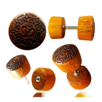 Load image into Gallery viewer, Fake Plug Blutholz Symbol Piercing Edelstahl Holz rot braun Om Blume des Lebens
