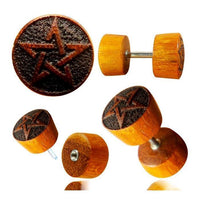 Load image into Gallery viewer, Fake Plug Blutholz Symbol Piercing Edelstahl Holz rot braun Om Blume des Lebens
