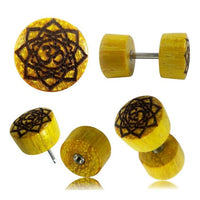 Load image into Gallery viewer, Fake Plug Jackfrucht Holz Symbol Piercing Edelstahl hell braun Om Vegvisir Stern
