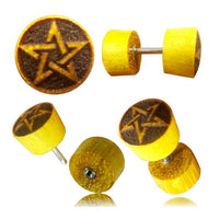 Load image into Gallery viewer, Fake Plug Jackfrucht Holz Symbol Piercing Edelstahl hell braun Om Vegvisir Stern
