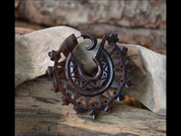 Load image into Gallery viewer, Fake Piercing Zackenrad Holz Edelstahl handgeschnitzt groß dunkelbraun Dehner
