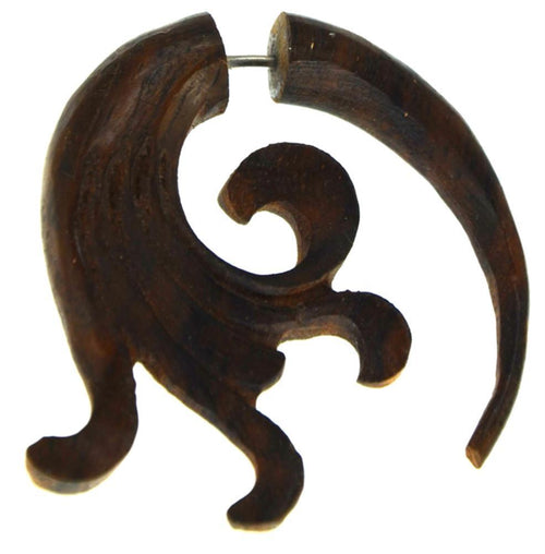 Fake Piercing Ohrring verschnörkelt Holz braun Edelstahl