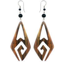 Load image into Gallery viewer, Tribal Ohrringe aus Sono Holz, eckige Spirale, Edelstahlbügel, Ohrstecker, Ohrhänger
