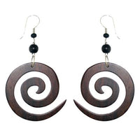Load image into Gallery viewer, Tribal Ohrringe Sono Holz Spirale Edelstahl braun Perlen schwarz Ohrstecker Ohrhänger
