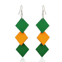 Load image into Gallery viewer, Holzohrringe Rauten lang 70 mm Tribal Ohrringe Holz bunt Edelstahl Ohrhänger Organic
