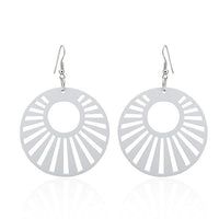 Load image into Gallery viewer, A pair of colorful 5 cm round wooden earrings with radiant circle designs, featuring organic style and fishhook ear wires—ideal as bold, trendy jewelry for women.
