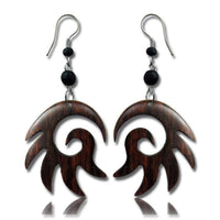 Load image into Gallery viewer, Tribal Ohrringe Zacken Spirale Narra Holz Edelstahl braun Perlen schwarz Ohrhänger nickelfrei
