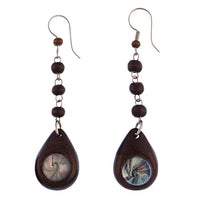 Load image into Gallery viewer, Ohrringe Narra Holz Murmel blau bunt Tropfen dick Edelstahl Perlen Ohrhänger Tribal
