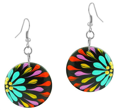 Holzohrringe Blumen bunt Ohrringe Holz Edelstahl Ohrhänger Damen Organic Schmuck Scheibe