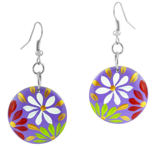 Holzohrringe Blumen lila rot grün Ohrringe Holz Edelstahl Ohrhänger Damen Organic Schmuck Scheibe