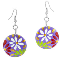 Load image into Gallery viewer, Holzohrringe Blumen lila rot grün Ohrringe Holz Edelstahl Ohrhänger Damen Organic Schmuck Scheibe
