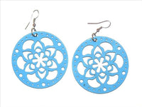Load image into Gallery viewer, Blaue, Damen-Ohrringe aus Holz, Edelstahlbügel, ca. 50mm Ø
