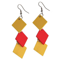 Load image into Gallery viewer, Holzohrringe Rauten lang 70 mm Tribal Ohrringe Holz bunt Edelstahl Ohrhänger Organic
