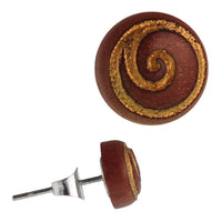Load image into Gallery viewer, Holz Ohrstecker Spirale Kreis Sterlingsilber 925er rund 8 mm Lasergravur golden
