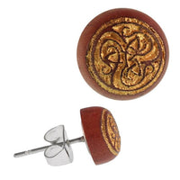 Load image into Gallery viewer, Holz Ohrstecker Triqueta Faden Sterlingsilber 925er Kreis 8 mm Lasergravur golden
