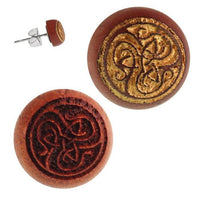 Load image into Gallery viewer, Holz Ohrstecker Triqueta Faden Sterlingsilber 925er Kreis 8 mm Lasergravur golden
