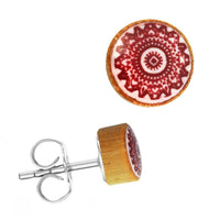 Load image into Gallery viewer, Holzohrstecker Mandala rot weiß Resin Jackfrucht Edelstahl Scheibe unisex
