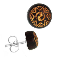 Load image into Gallery viewer, Holzohrstecker Edelstahl Sonoholz rund 8mm gold Motive
