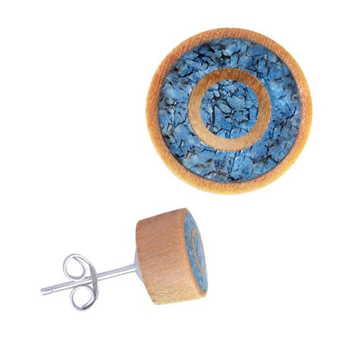 Holz Ohrstecker Edelstahl crushed Türkis rund 8 mm Scheibe Steininlay