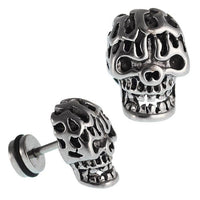 Load image into Gallery viewer, Fake Piercing Totenkopf groß Gebiss schwarz Maserung Edelstahl Schraubverschluss silbern
