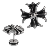 Load image into Gallery viewer, Fake Plug Piercing Edelstahl silberfarben Blume schwarze Streifen Kugel mittig

